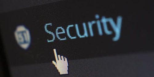 Close-up view of a mouse cursor over digital security text on display.